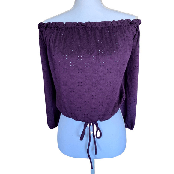 Peppermint Womens Top Boho Peasant Purple Off On Shoulder Eyelet Cropped Large - Picture 1 of 12